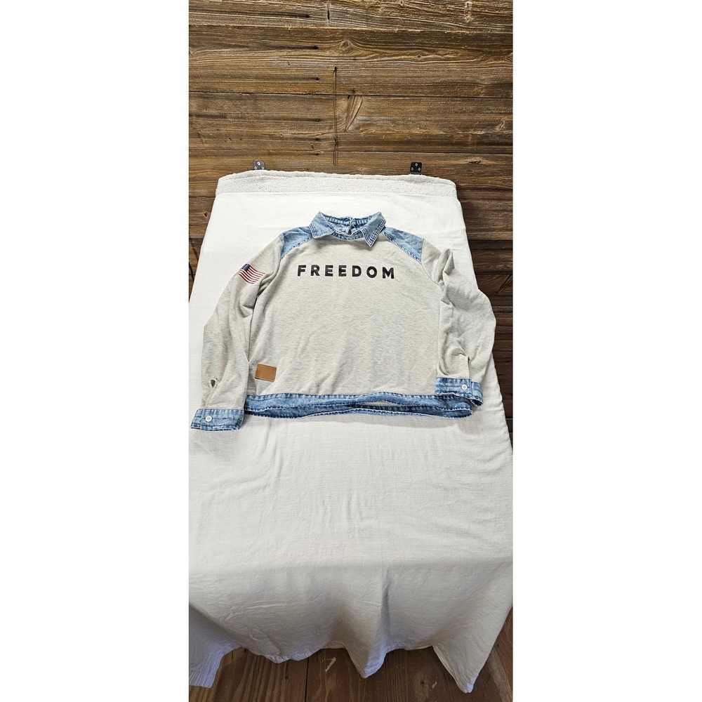 Freedom Graphic Mixed Media‎ Denim Trim Sweatshirt Gray XL American Flag Patch